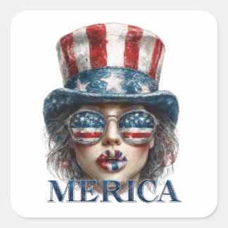 Merica Girl, Amerikanische Unabhängigkeitstag Glam Quadratischer Aufkleber