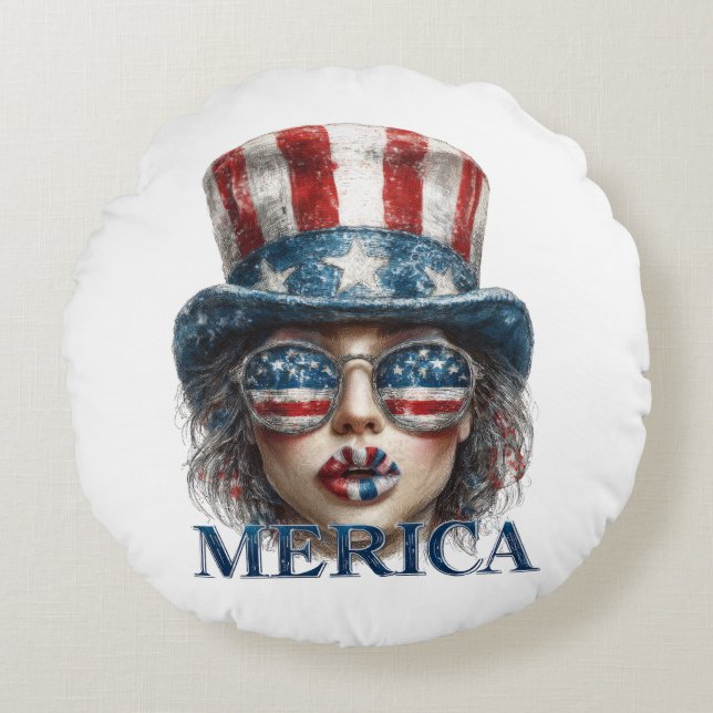 Merica Girl, Amerikanische Unabhängigkeitstag Glam Rundes Kissen (Vorderseite)