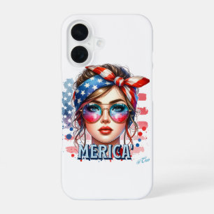 MERICA' Girl - Retro Patriotic USA Flag Bandana Su iPhone 16 Hülle