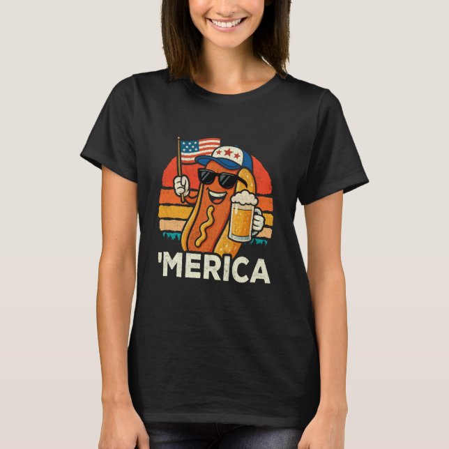 Merica Hot Dog & Beer - American Flag - Funny 4th  T-Shirt (Vorderseite)