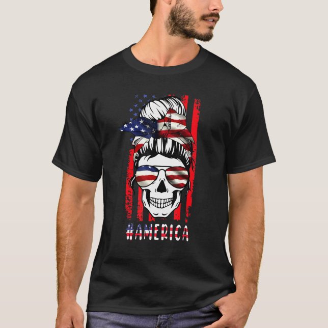 Merica Messy Bun Skull 4. Juli American Flag W T-Shirt (Vorderseite)