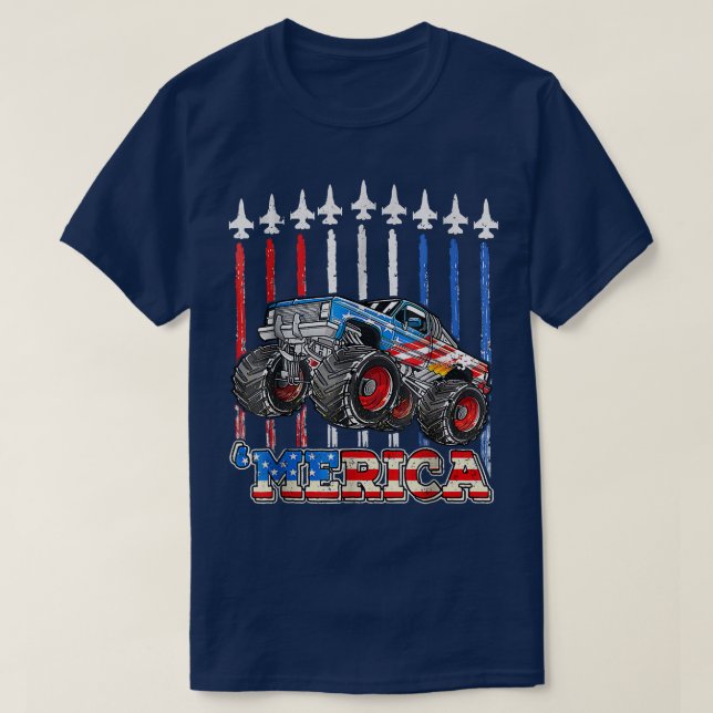 Merica Monsters Truck Patriotic American Flag Juli T-Shirt (Design vorne)