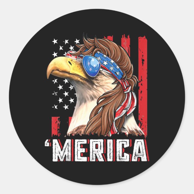 Merica Patriotic Bald Eagle Mullet USA Flag 4. Runder Aufkleber (Vorderseite)