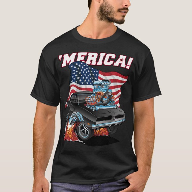 Merica Patriotic Classic Muscle Car mit USA Flag T-Shirt (Vorderseite)