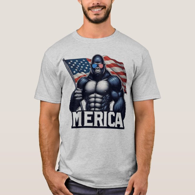 MERICA – Patriotic Gorilla Holding American Flag F T-Shirt (Vorderseite)