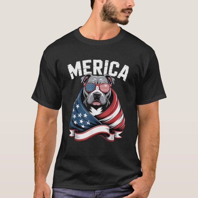 Merica Pitbull Dog Patriotic American Flag 4th Of  T-Shirt (Vorderseite)