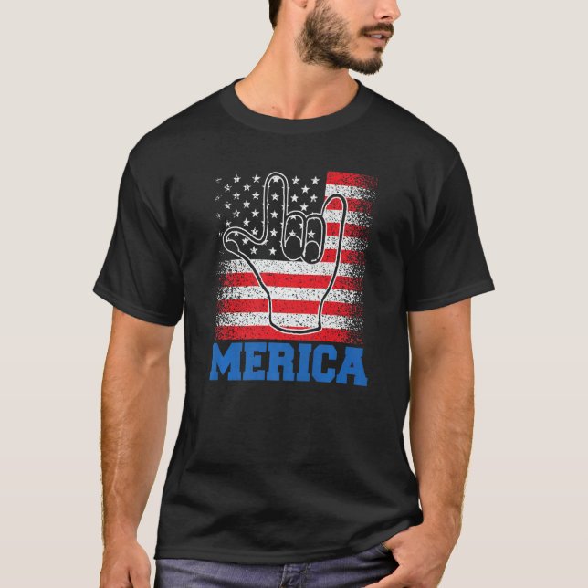Merica Rock Sign 4. Juli US-amerikanische Flagge T-Shirt (Vorderseite)