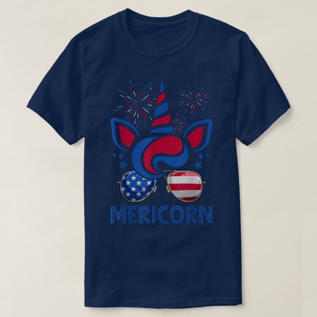 Mericorn Unicorn Face & American Flag Sonnenbrille T-Shirt (Design vorne)