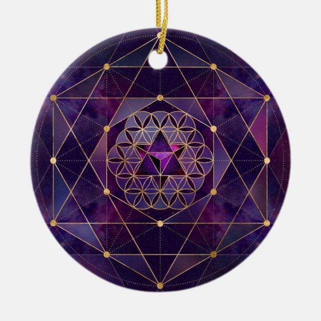 Merkabah in Blume des Lebens - Heilige Geometrie Keramik Ornament (Vorne)