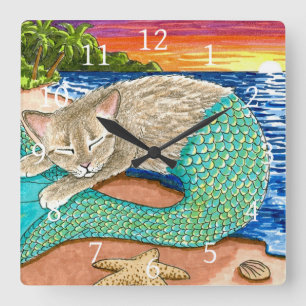 Merkitty am Sonnenuntergang am Strand Cat Mermaid  Quadratische Wanduhr