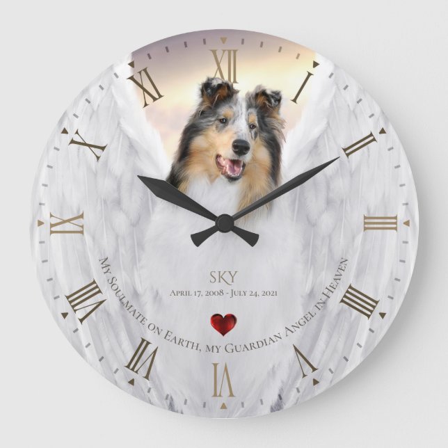 Merle Collie Angel Memorial, Golden Roman Dial - Große Wanduhr (Vorderseite)