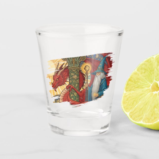 Merlin & Roter Drache von Wales, Fantasy-Kunst Schnapsglas (Vorderseite)