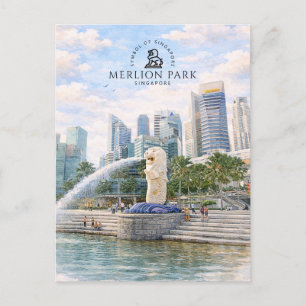 Merlion Park Singapur Wasserfarben Wahrzeichen Postkarte
