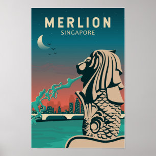 Merlion Singapur Reisen Vintage Kunst Poster