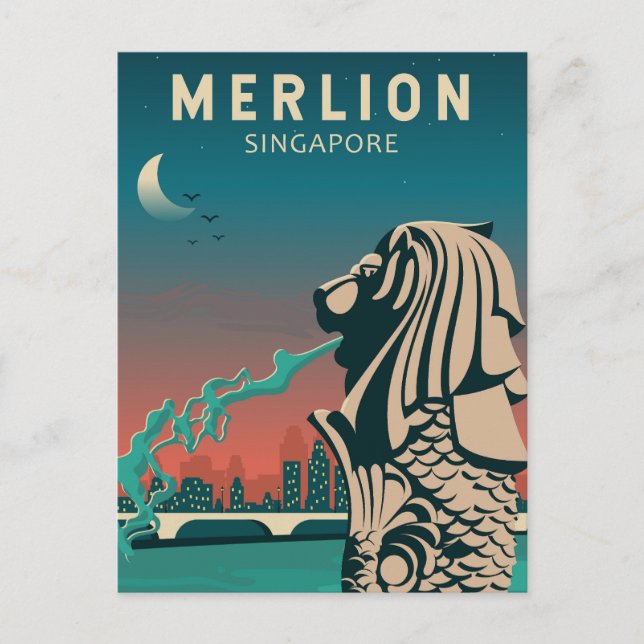 Merlion Singapur Reisen Vintage Kunst Postkarte (Vorderseite)