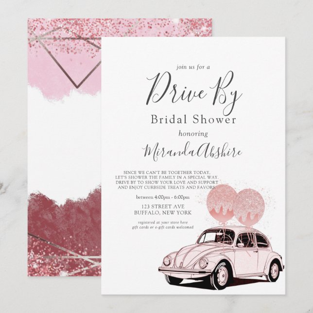 Merlot Blush Pink Auto Drive By Brautparty Invi Einladung (Vorne/Hinten)