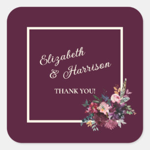 Merlot Burgundy Floral Gerahmt Vielen Dank Quadratischer Aufkleber