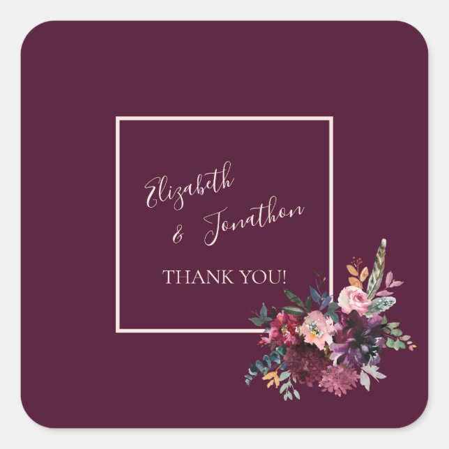 Merlot Burgundy Floral Wedding Vielen Dank Quadratischer Aufkleber (Vorderseite)