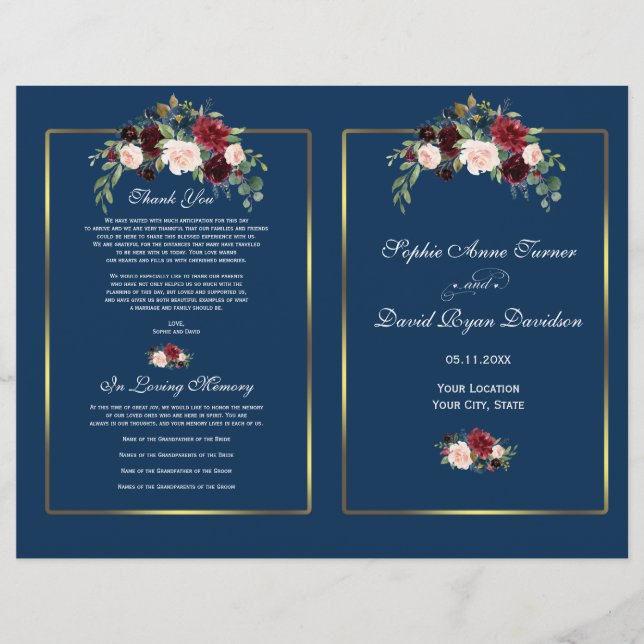 Merlot Floral Navy Blue Gold Rahmen Hochzeitsprogr (Vorderseite)