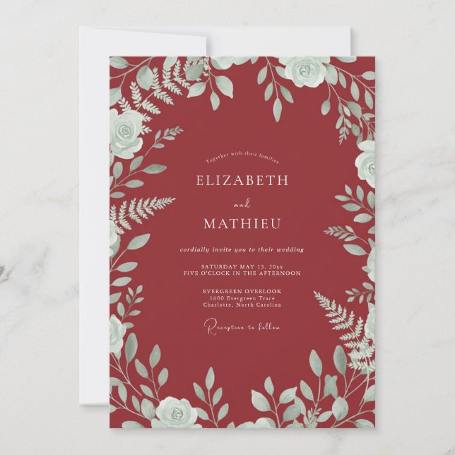Merlot-Mint-Blumenhochzeit Einladung (Vorderseite)