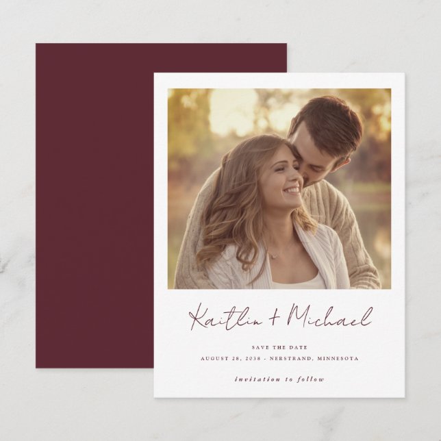 Merlot Modernes Handwriting Foto Hochzeit Save The Date (Vorne/Hinten)