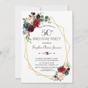 Merlot Navy Blau Floral Gold Rahmen 50. Geburtstag Einladung