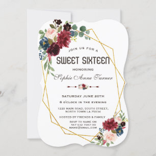 Merlot Navy Blau Florales Gold Rahmen Sweet 16 Einladung