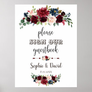 Merlot Navy Blue Floral Bitte unterschreiben Sie u Poster