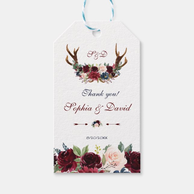 Merlot Navy Blue Floral Bloom Hochzeit Geschenkanhänger (Vorderseite)