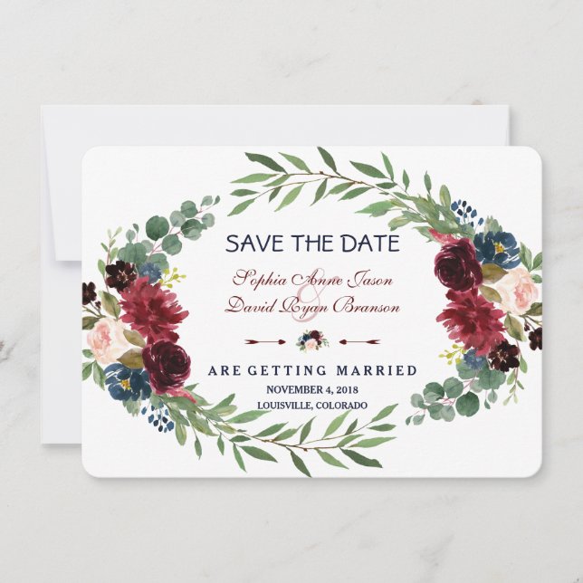 Merlot Navy Blue Floral Bloom Save the Date (Vorderseite)