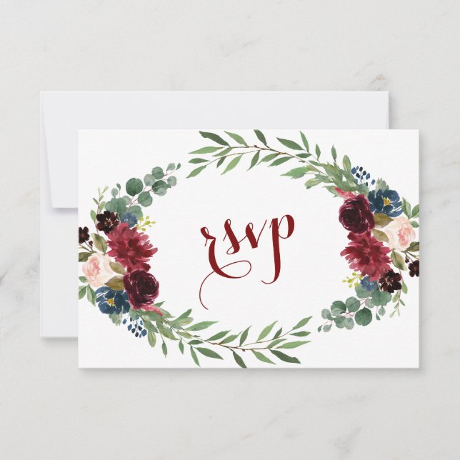 Merlot Navy Blue Floral Bloom Wedding RSVP Karte (Vorderseite)