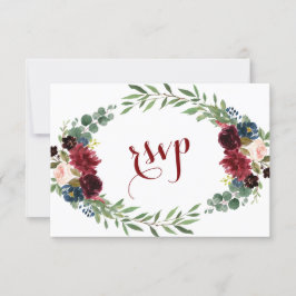Merlot Navy Blue Floral Bloom Wedding RSVP Karte