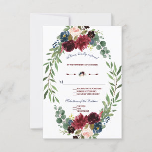 Merlot Navy Blue Floral Bloom Wedding RSVP Karte