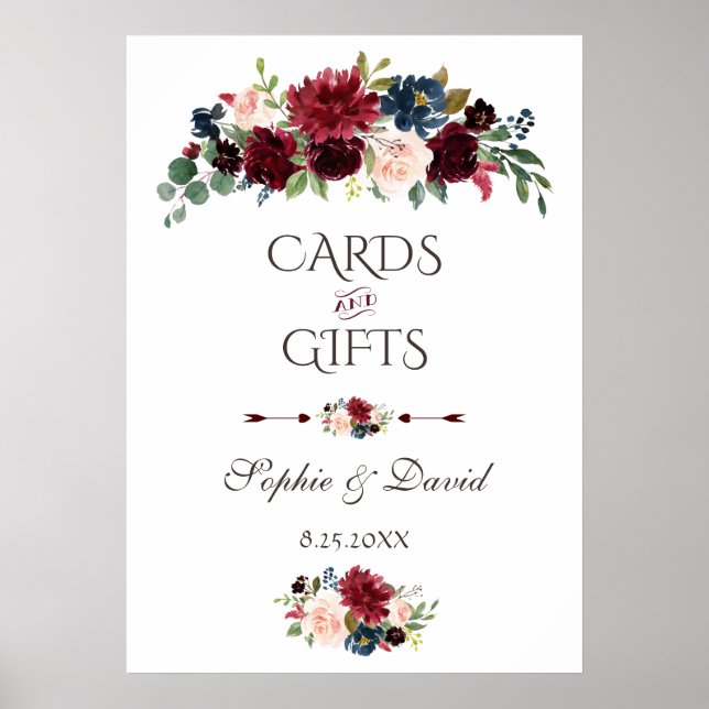 Merlot Navy Blue Floral Cards & Gifts Wedding Poster (Vorne)