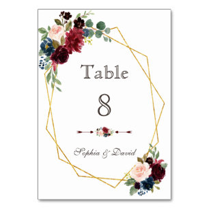 Merlot Navy Blue Floral Gold Frame Tischnummer