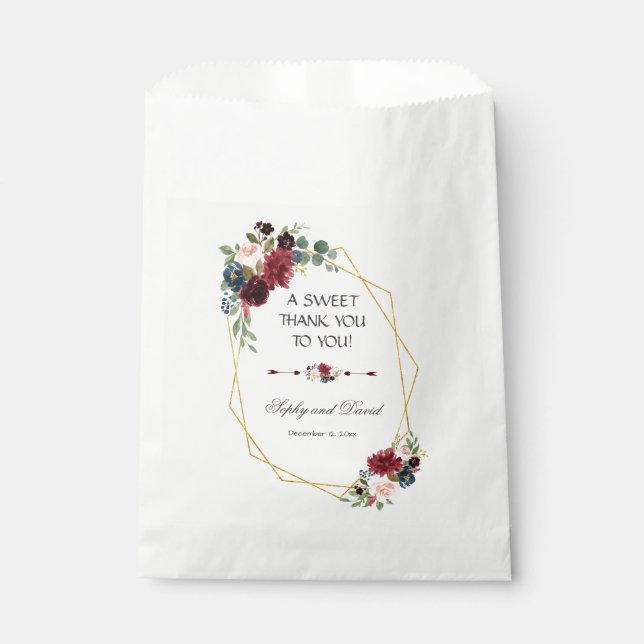 Merlot Navy Blue Floral Gold Rahmen DANKE Geschenktütchen (Vorderseite)