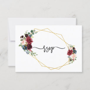 Merlot Navy Blue Floral Gold Rahmen Hochzeit RSVP Karte