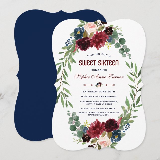 Merlot Navy Blütenblütenblüte Sweet 16 Einladung (Vorne/Hinten)