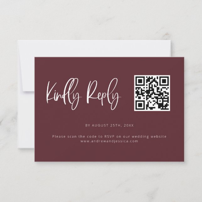 Merlot Red Modern Minimalistisch Wedding QR Code RSVP Karte (Vorderseite)