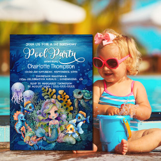 Mermaid 1. Geburtstag Pool Party Einladung