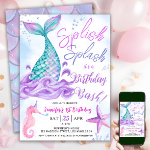 Mermaid 1. Geburtstag "Splish Splash" Pink Lila Einladung