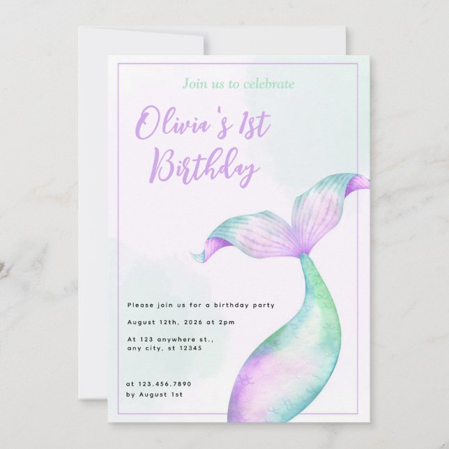 Mermaid 1st Birthday Party Einladung (Vorderseite)