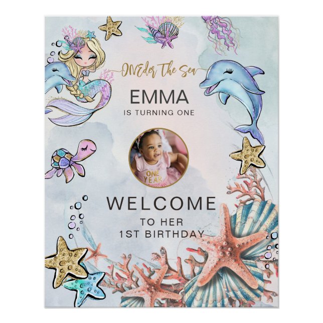 Mermaid 1st Birthday Photo ONEder The Sea Welcome Poster (Vorderseite)