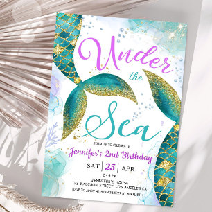 Mermaid 2. Geburtstag Einladung Glitzer unter Wass