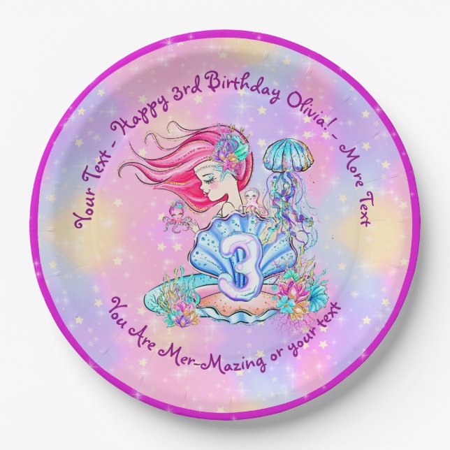 Mermaid 3. Geburtstag Ändern Text anpassen Pappteller (Vorderseite)