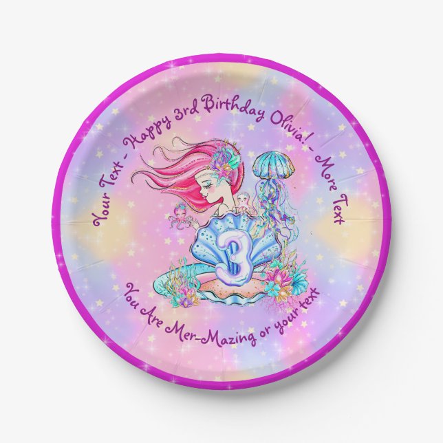 Mermaid 3. Geburtstag Ändern Text anpassen Pappteller (Vorderseite)