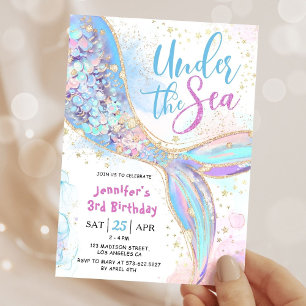 Mermaid 3. Geburtstag Party Blue Under Sea Einladung