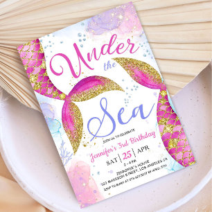 Mermaid 3. Geburtstag Party Rosa Mädchen unter dem Einladung