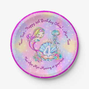 Mermaid 4. Geburtstag Ändern Text anpassen Pappteller