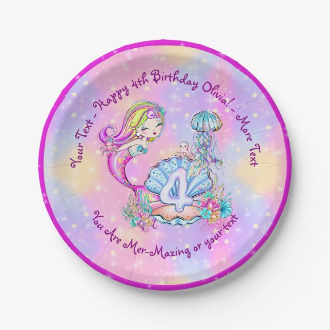 Mermaid 4. Geburtstag Ändern Text anpassen Pappteller (Vorderseite)